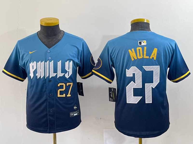 Womens Philadelphia Phillies #27 Aaron Nola Blue 2024 City Connect Limited Stitched Jerseys